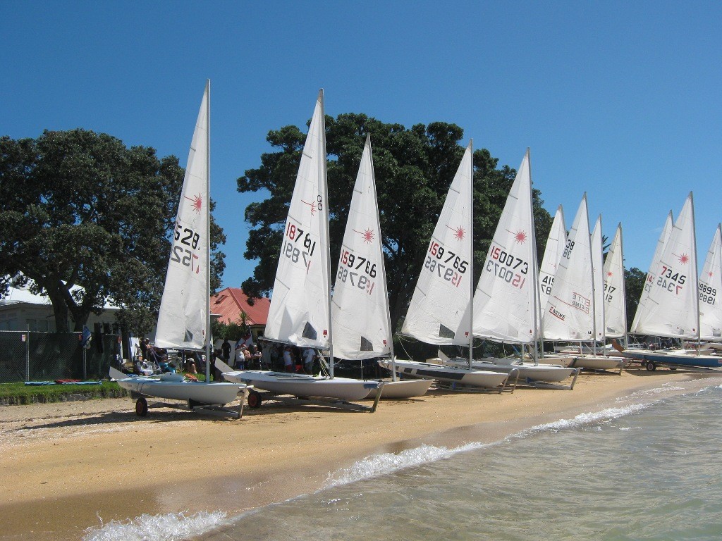 20 Lasers line up at the Rata Road Regatta, Cheltemham Beach, March 2010 © Event Media